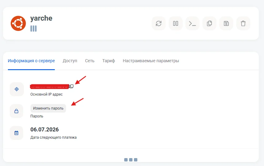Карточка сервера VPS — IP-адрес и пароль